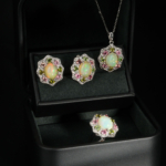 Parure de bijoux pour femme en argent 925 ornée d'opale naturelle cabochon, de péridot et de tourmaline rose.
