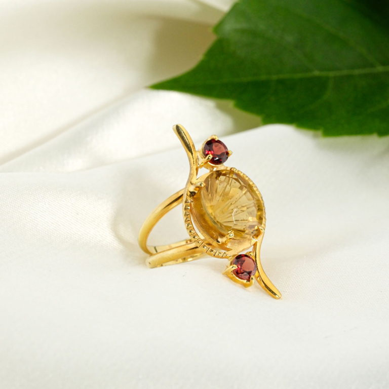 Orijinal 5,2 ct özel faset kesim sitrin ve garnet lal taşlı gold kaplama 925 ayar gümüş tasarım kadın yüzük.