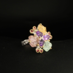 Bague bouquet pour femme en argent 925 sertie de pierres naturelles sculptées en forme de roses (citrine, fluorite, tourmaline, améthyste, grenat).