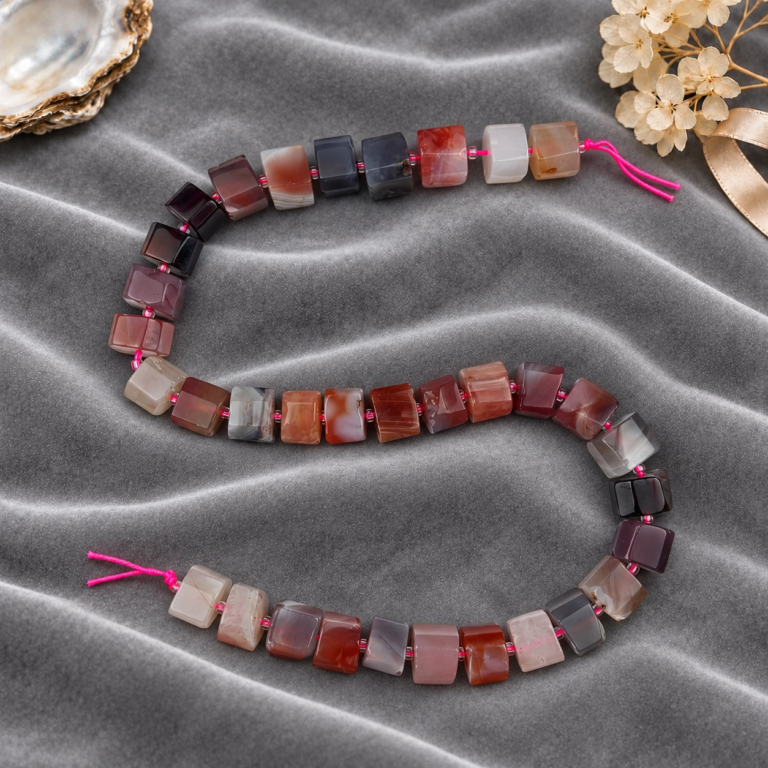 Pembe, krem, gri ve kızıl kahverengi tonlarında 12x10 mm silindir Bostvana akik dizi boncuk