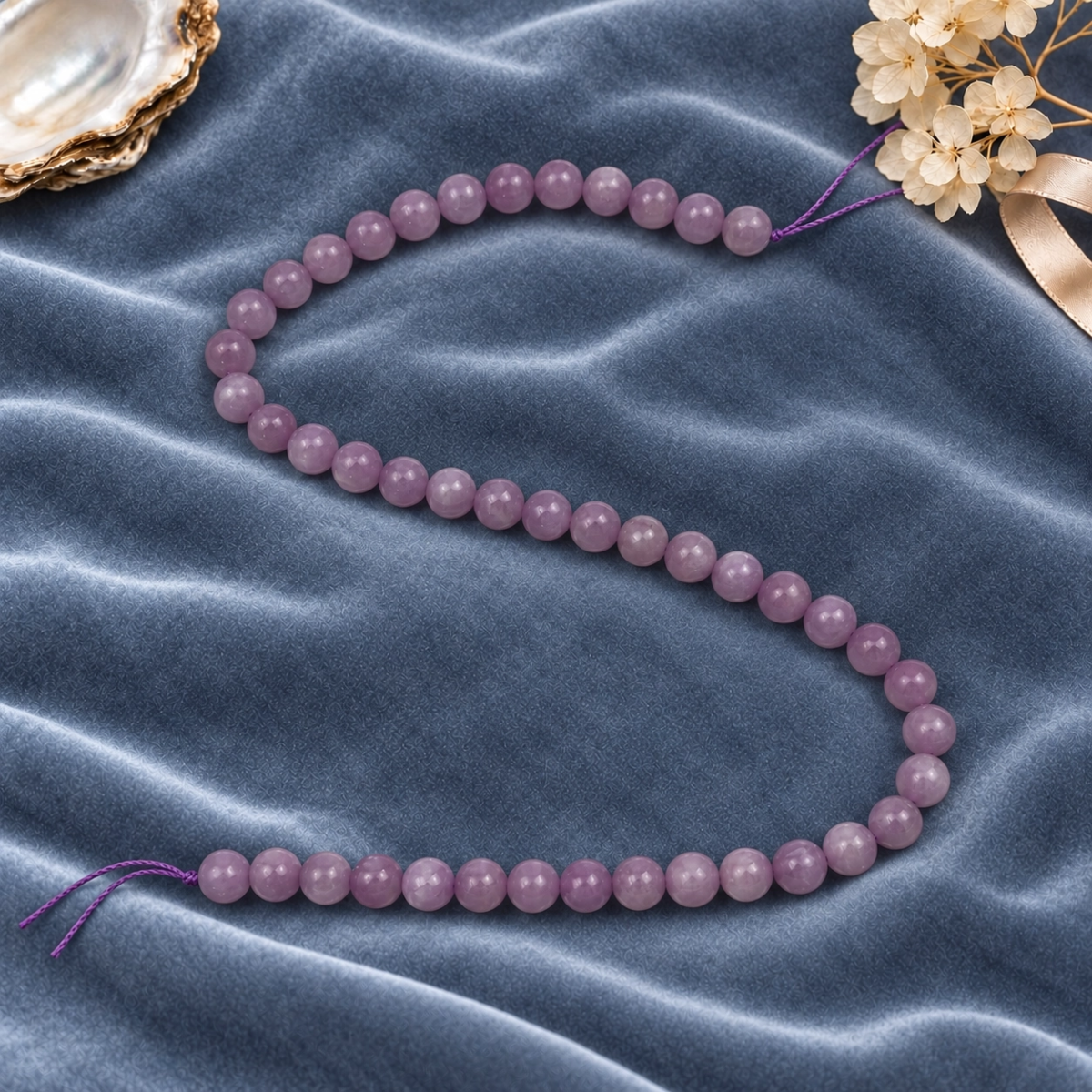 8 mm yuvarlak, parlak pembe-mor kunzit dizi boncuk
