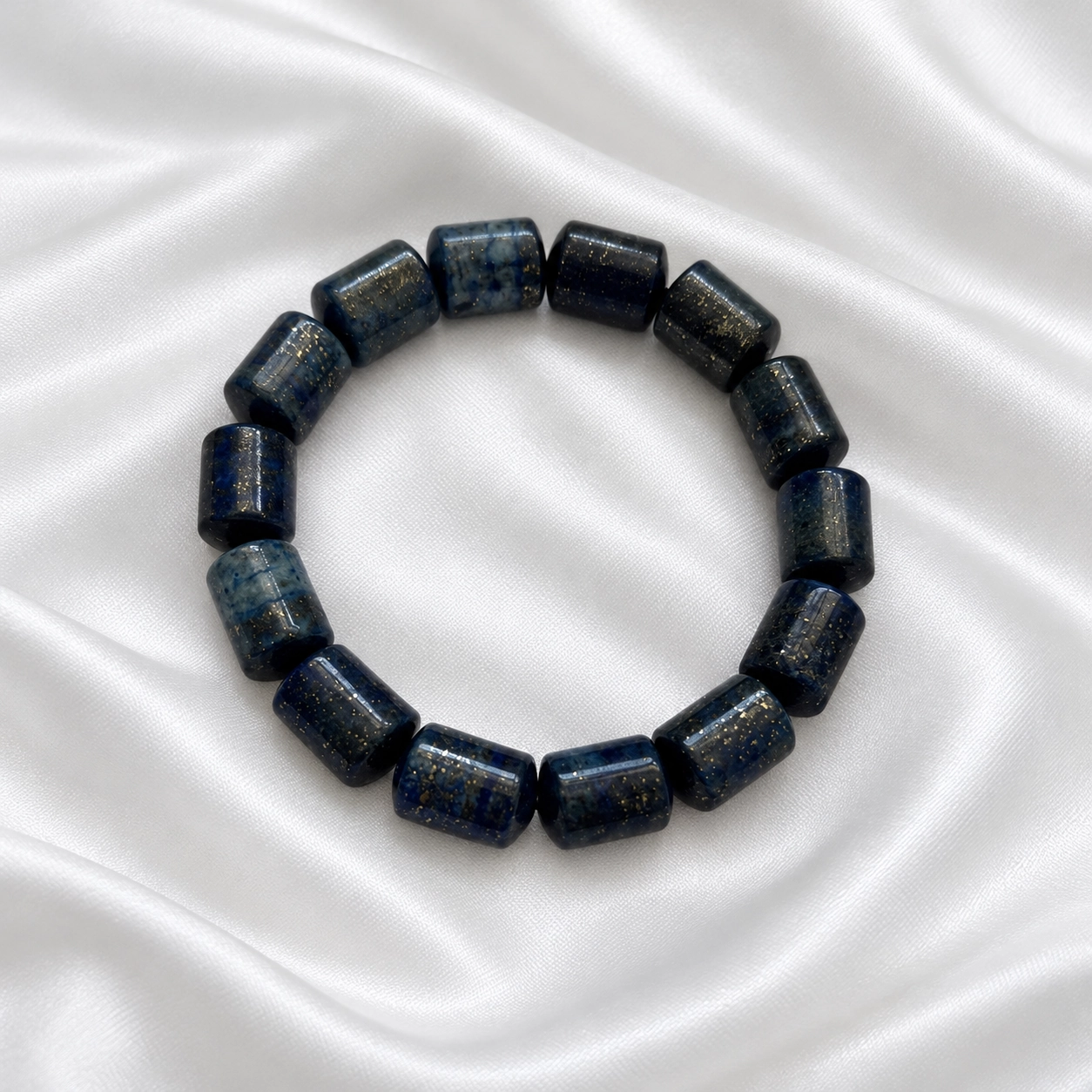 Silindir Lapis Lazuli Bileklik Lacivert ve altın renkli benekli silindir Lapis Lazuli boncuklardan bileklik